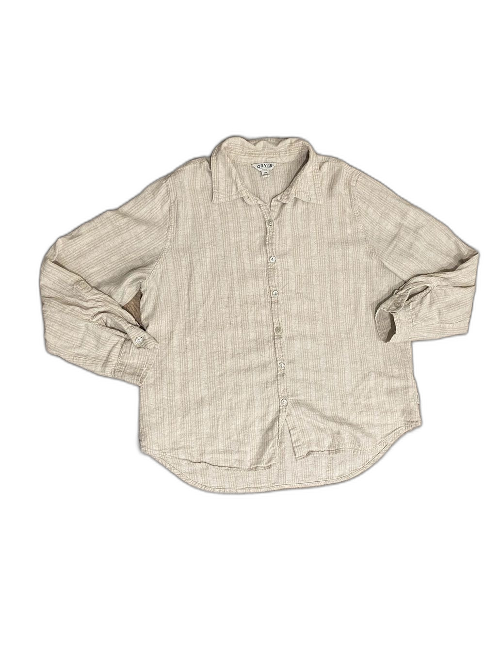 Orvis Linen Blend Large Women's Button Down Shirt Striped Shirt Basic Classy